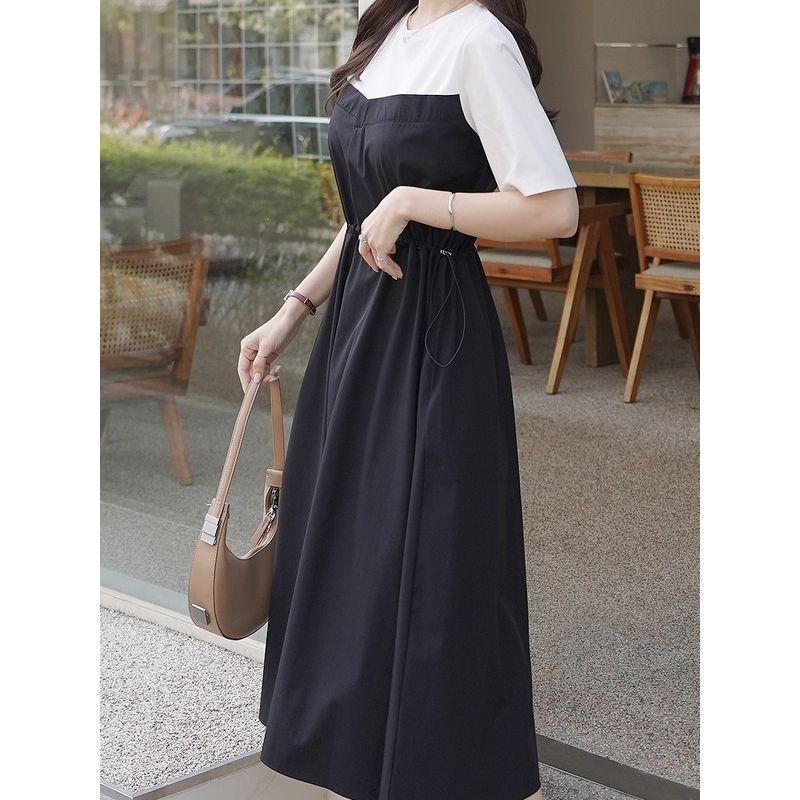 K-style Fashion Commuter Plus Size Women's round Neck Patchwork Fake Two-Piece Elastic and Waisted Shoulder Slim Looking Short Sleeve Dress