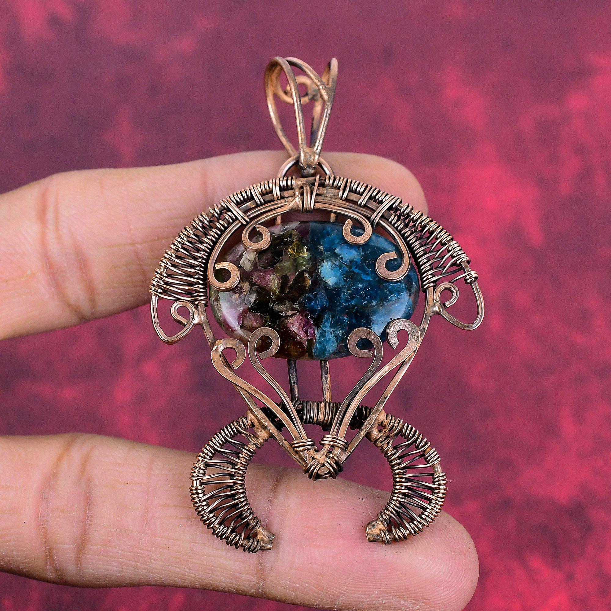 Copper watermelon tourmaline pendant copper wire wrapped gemstone pendant tortoise pendant handmade jewelry wire wrap jewelry gifts for her
