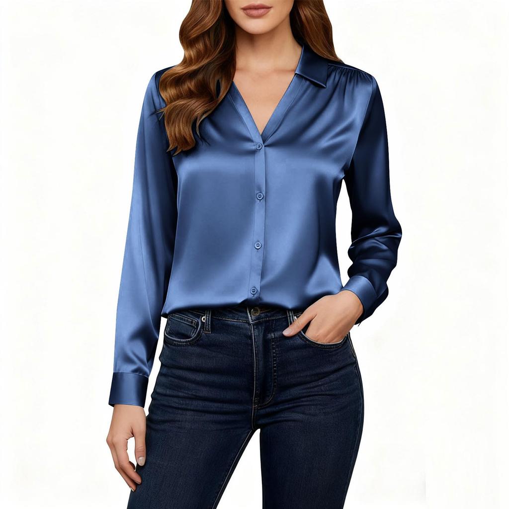 Women's satin button shirt workwear casual shirt collar long sleeve top