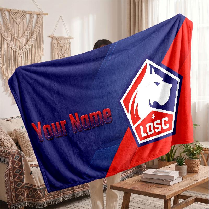 LOSC Lille FC Personalized Fleece Blanket With Football Logo, Custom Name Text Soft Warm Home Throw Blanket
