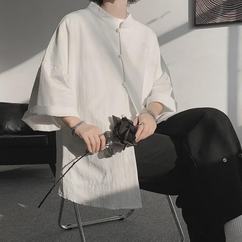 Чоловіча сорочка в японському стилі, ретро, з бавовни та льону, літні рукави з п'ятьма точками, великі розміри, китайський національний тренд