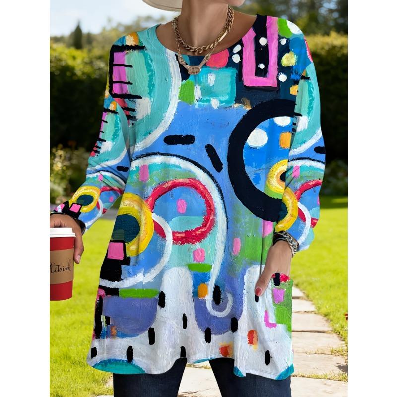 Women s plus size with pocket design, abstract printed long-sleeved T-shirt, women s loose 5XL