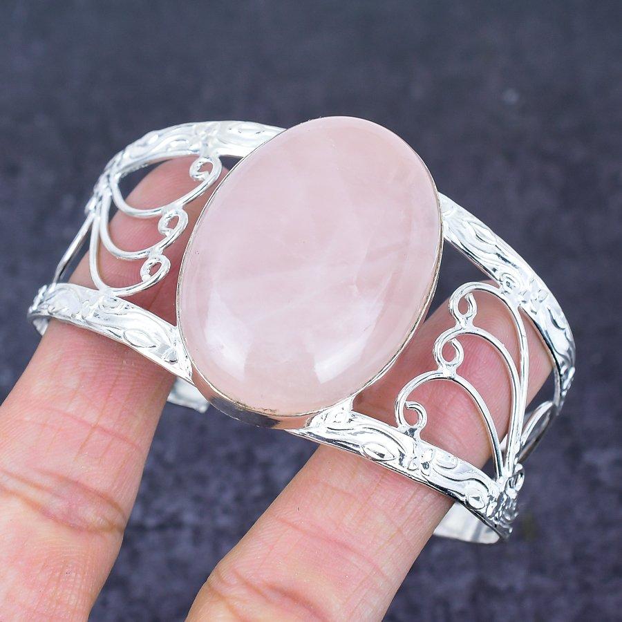 Natural Rose Quartz Gemstone 925 Sterling Silver Cuff Bangle Adjustable K0c70