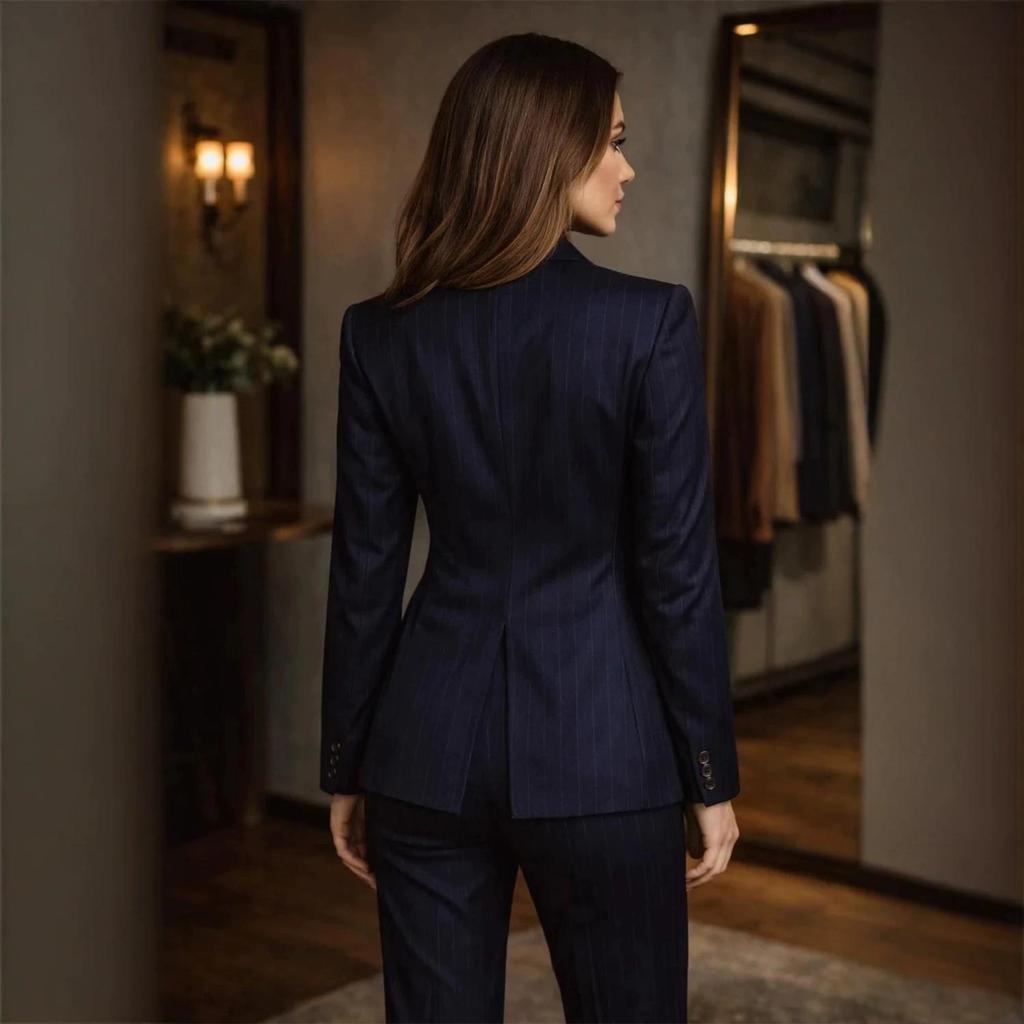 Navy Blue Pinstripe Suit Women's 3 Piece Suits for Office Chic Fashion Striped Suit (Jacket+Vest+Pants) Tailor Made