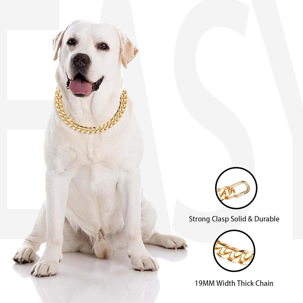 Dog Chain Collar Gold Durable Light Metal Dog Gold Cuban Link Cute Fashion Jewelry Accessories for Dogs (19MM)(12)
