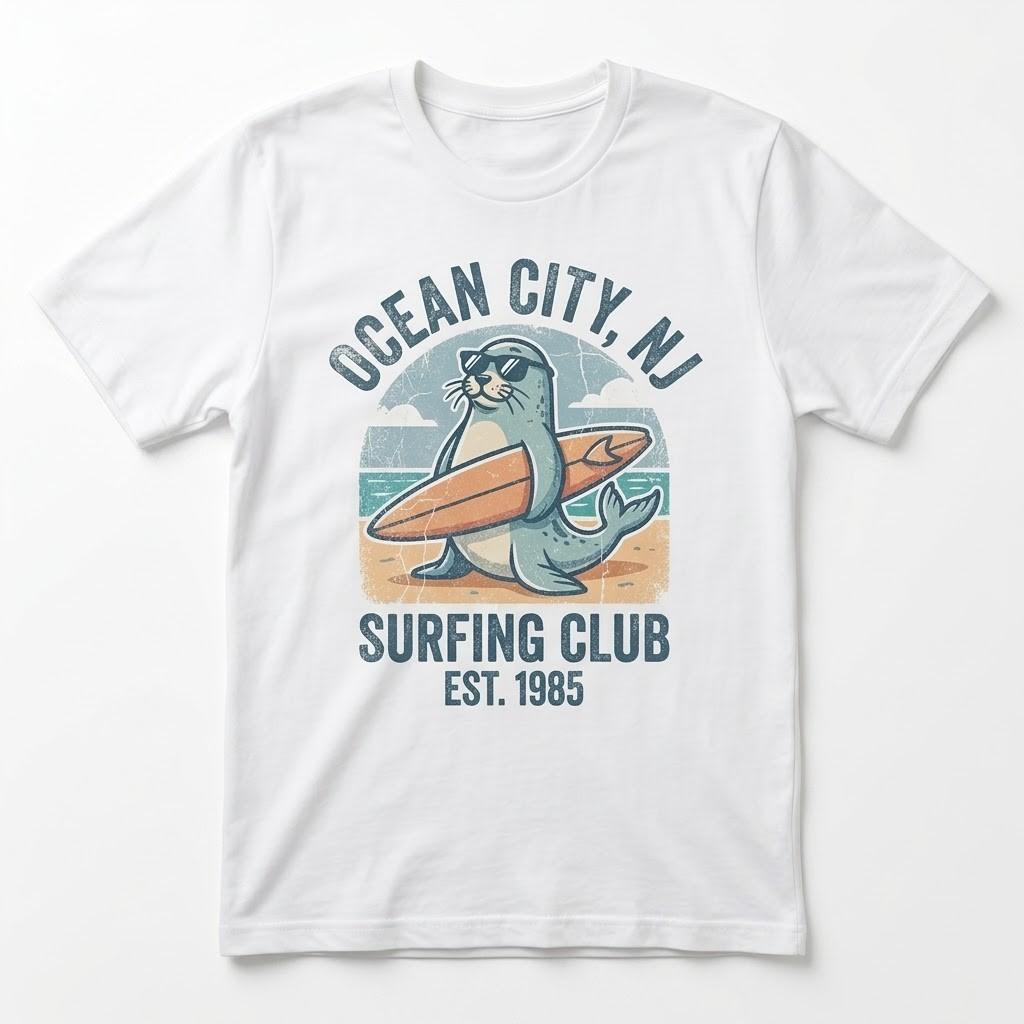 Vintage Ocean City NJ Surfing Club 1985 T-Shirt Retro Seal Surf Tee L