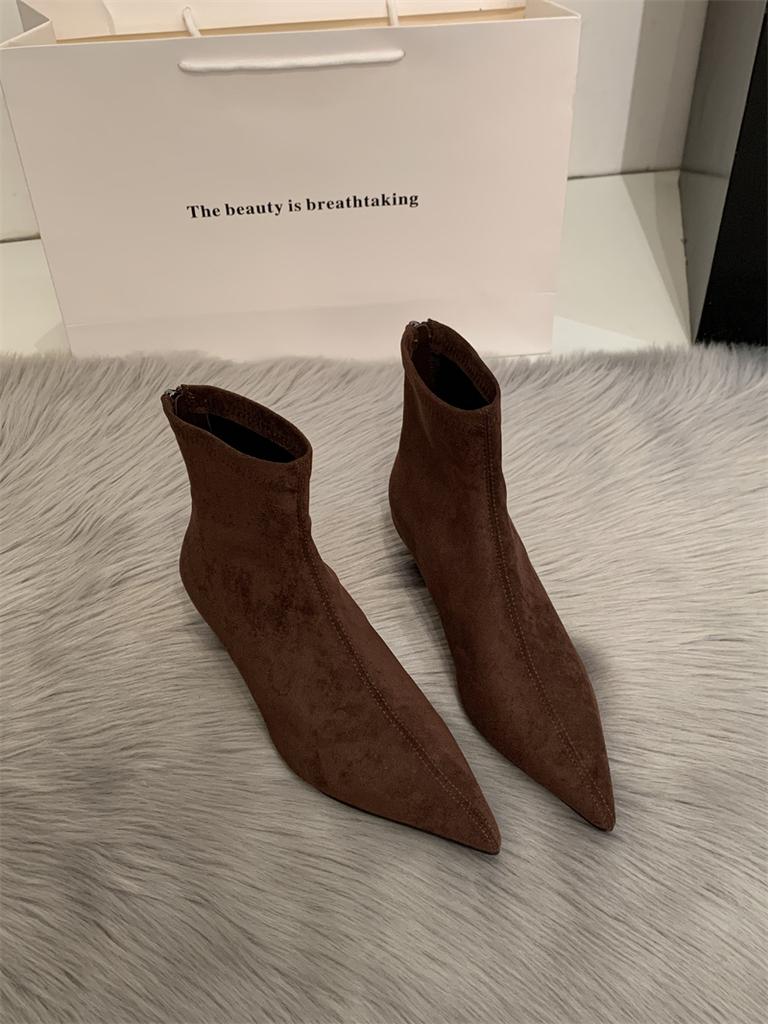 2025 Autumn and Winter Pointed Thin Heel Sexy Short Boots Women's Black Suede High Heel Socks Bare Boots Internet Celebrity Elastic Thin Boots