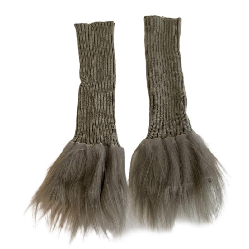 Women Foot Cover Ribbed Knit Long Fluffy Plush Patchwork Leg Warmer Streetwear серый