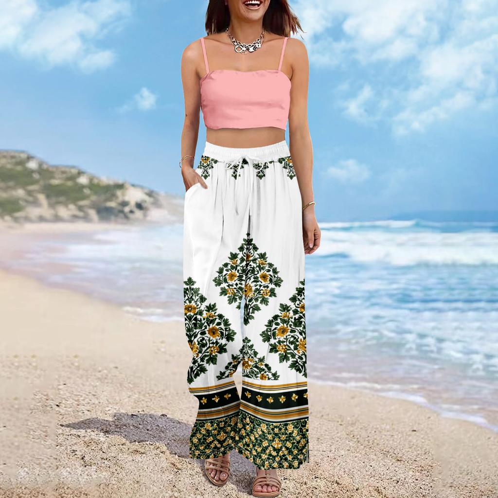 Dames zomer boho palazzo broek met hoge taille, wijde pijpen en bloemenprint, casual broek met zakken