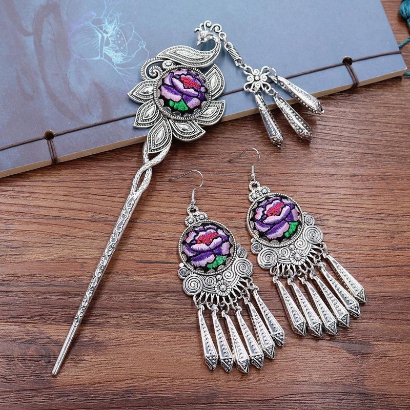 Vintage embroidery earrings hairpin classical temperament Miao peacock flower fringed earrings hair accessories set women