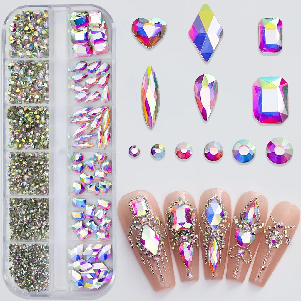 12Grids Pink Mixed Nail Rhinestones Luxury Nail Charms Glitter Crystal Jewelry Gems Nail Art Decoration DIY Manicure Rhinestones