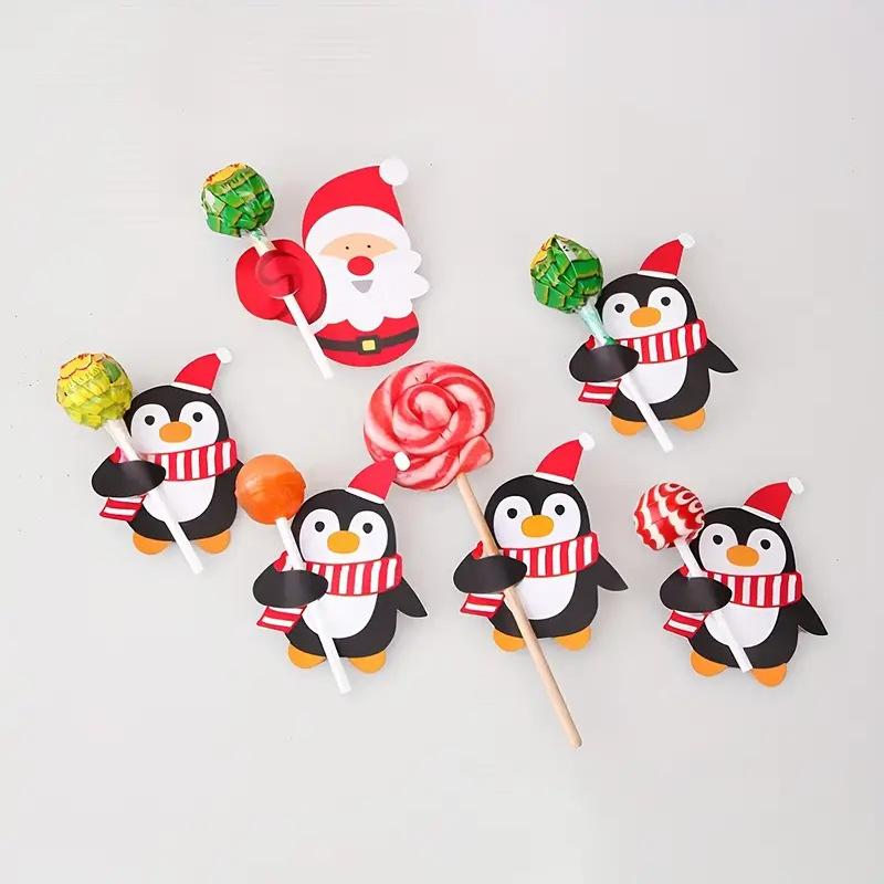 50pcs Christmas Lollipop Paper Cards Cartoon Santa Claus Penguin Kids Candy Gifts Package Wrapping New Year Party Decoration