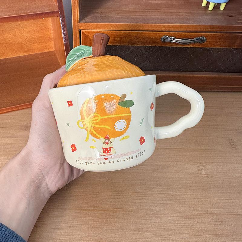Cute Orange Cat Mug with Lid Creative Good Luck Cup Girls Home Coffee Cup Chinese New Year Gift