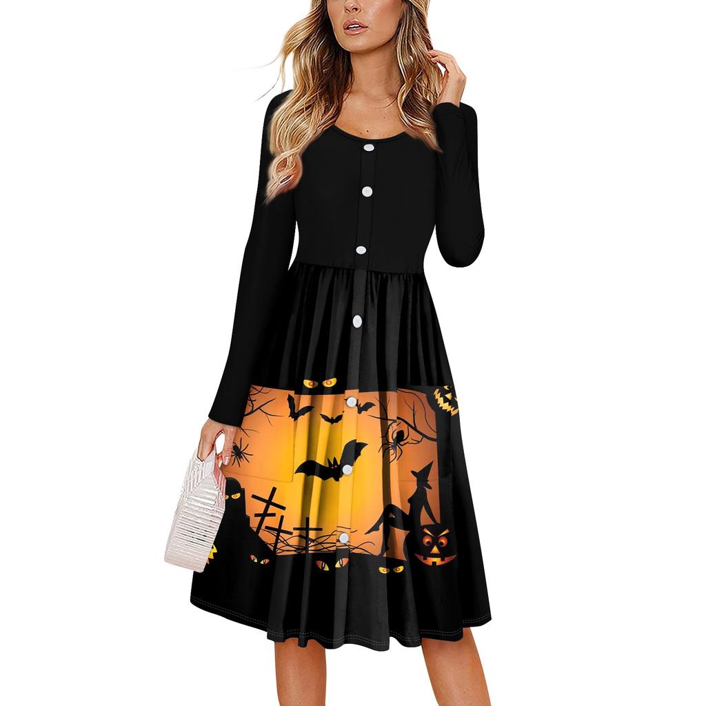 Women's Casual Fashion Sexy Comfortable Sundress Button Long Sleeves With Pockets Halloween Printed Dress