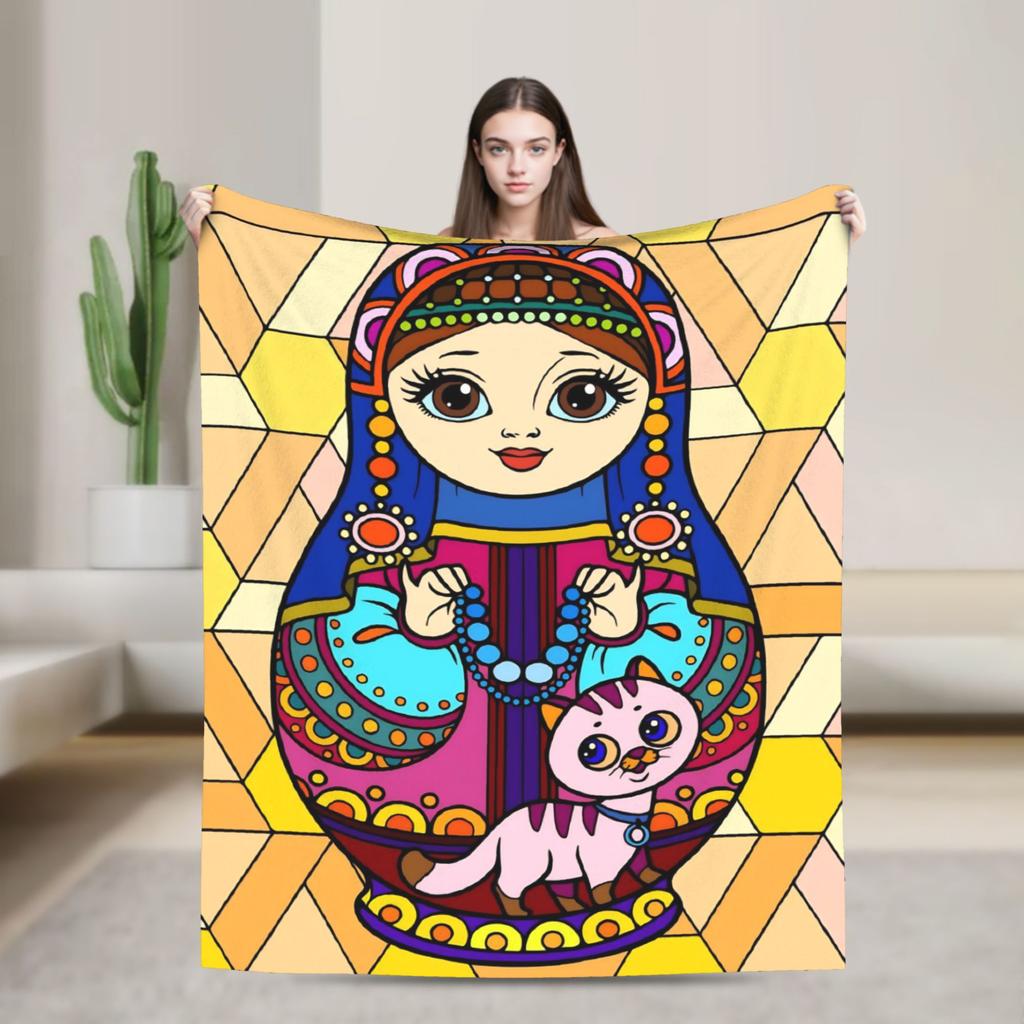 Matryoshka Russian Nesting Doll Blankets Cute Fleece Funny Breathable Throw Blankets for Chair Covering Sofa Decoration Outdoor