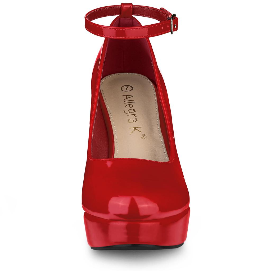 Allegra K Women's Platform Pumps with Ankle Straps, Chunky High Heels, Red, Size 26.0cm