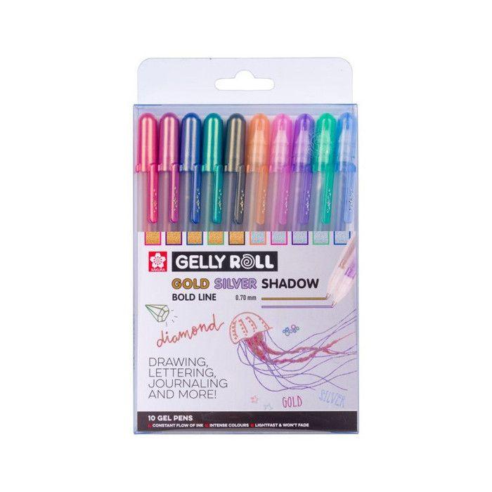 10 stylos - Pointe 0,7mm - 6 couleurs - Gelly Roll - Gold silver shadow - Sakura