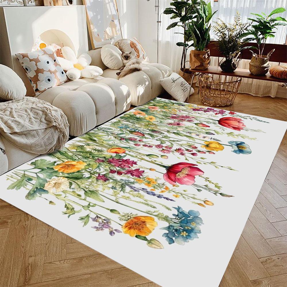Modern Art Floral Area Rug – Black White Non-Slip Floor Mat, Indoor Carpet for Living Room Entryway Decor