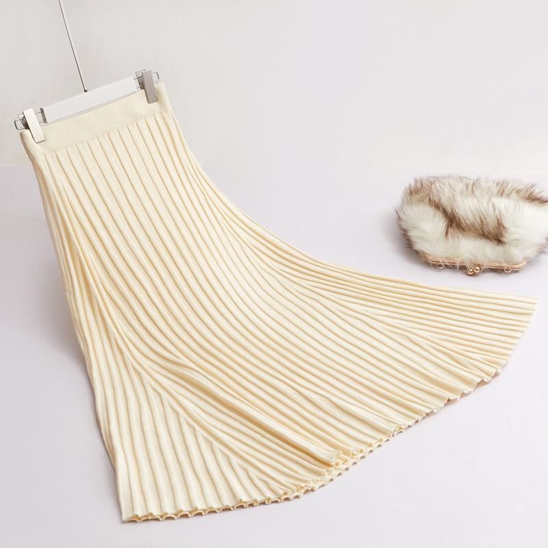 Elastic Waist Black Striped Knitting Maxi Skirts For Woman Elegant Fashion Warm Sweater Saias Longas