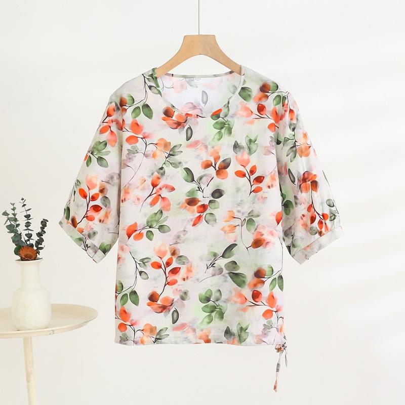 Mid-sleeved T-shirt, Sweet Floral Print, Stylish Drawstring Top, Summer Thin Plus-size Pullover