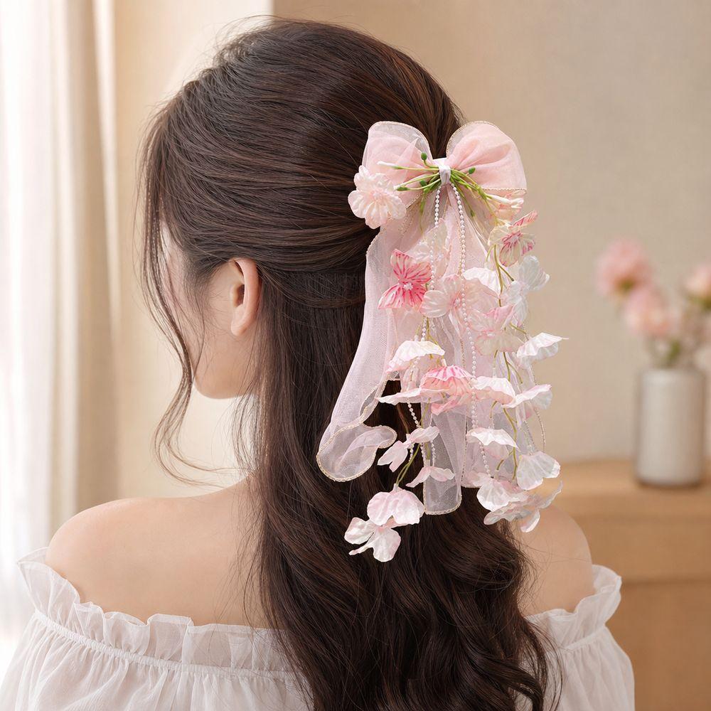 Faux Pearl Strands Bow Hair Clip Sheer Ribbon Ribbon Hair Clip Cute Hair Bow Clip Gifts
