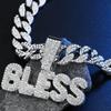 Hip Hop Full Diamond Letter Bless Alloy Pendant Fashion Design Cuban Pendant Chain Men'S Necklace