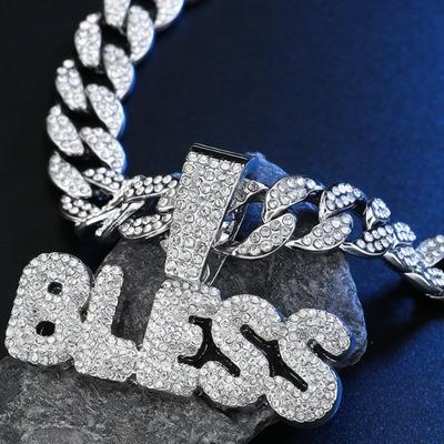 Hip Hop Full Diamond Letter Bless Alloy Pendant Fashion Design Cuban Pendant Chain Men'S Necklace
