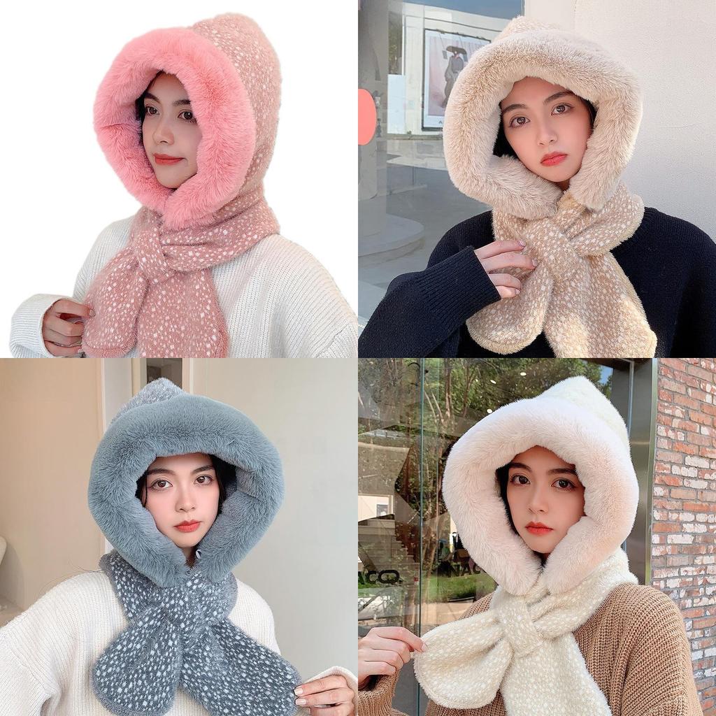 Winter Plush Hat With Scarf For Adults Pure Color Cozy Windproof Korean Style