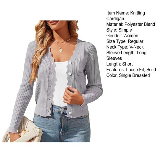 Women Knitting Cardigan V-Neck Buttoned Long Sleeve Knitting Jacket Solid Color Elastic Short Knit Tops Daily Wear