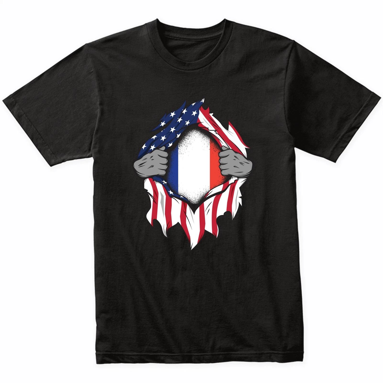 French American Flags Hands Ripping Flag on Chest T-Shirt - France Flag Shirt S