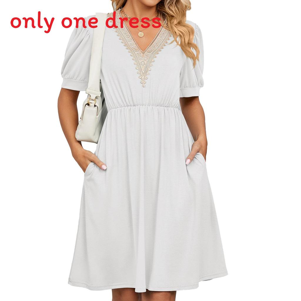 Städtisches Stilkleid mit Taschen und V-Ausschnitt für den Frühling, Freizeitkleidung