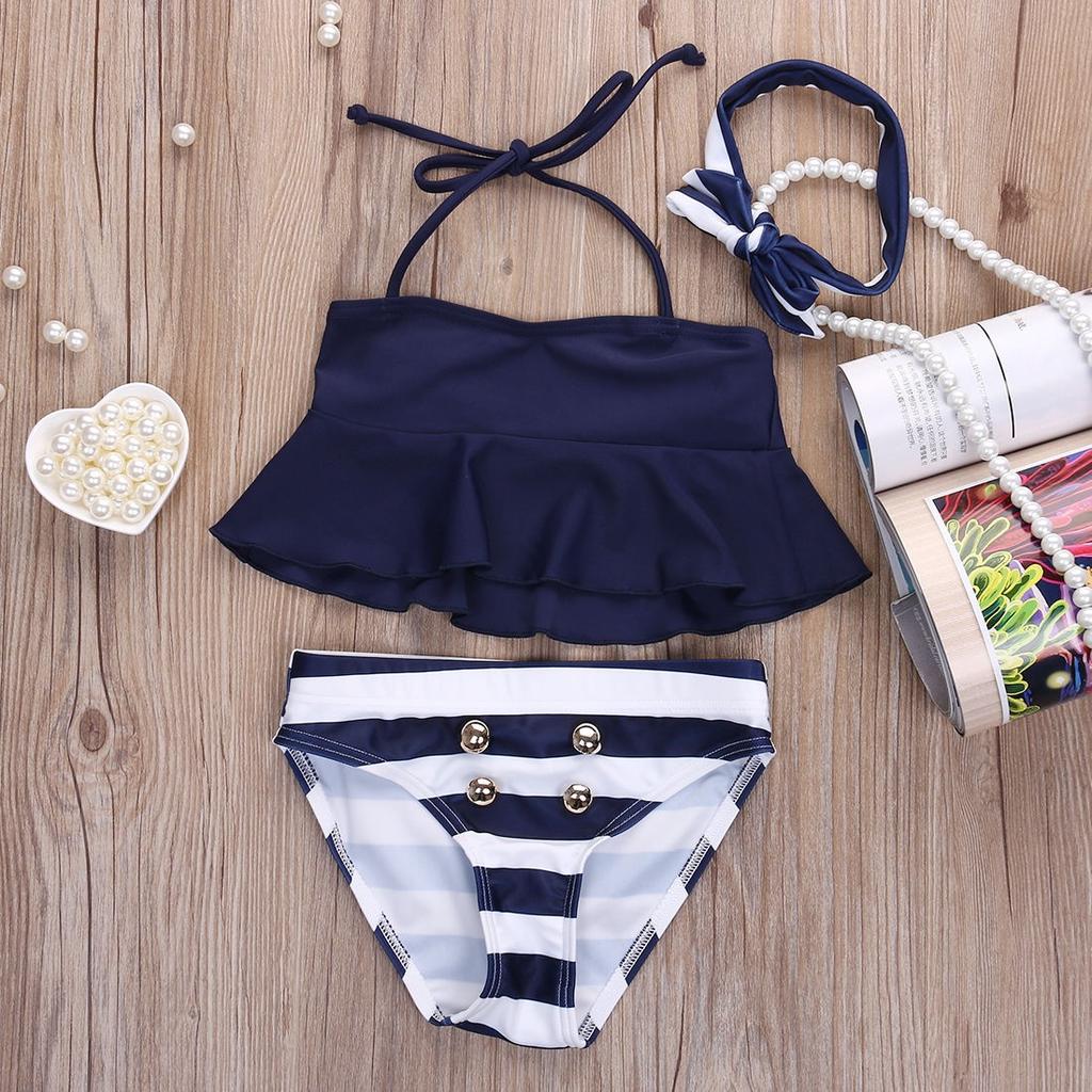 2019 Kids Baby Girl Bikini Suit Navy 3pcs Set Swimsuit Swimwear Bathing Swimming
