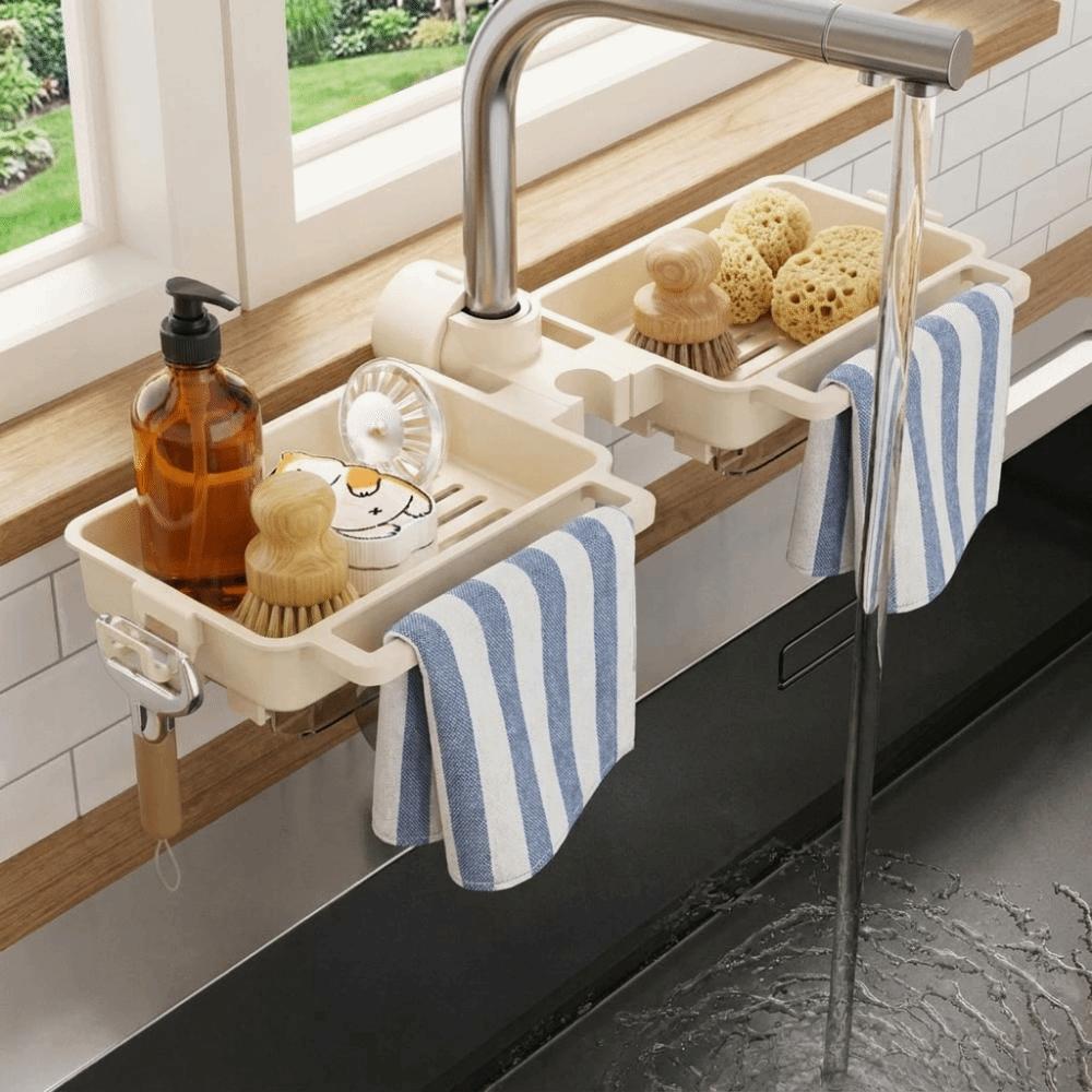 Plastic Sink Drain Rack Hanging Large Capacity Sink Faucet Organizer Adjustable Space Saving Soap Drainer Bathroom