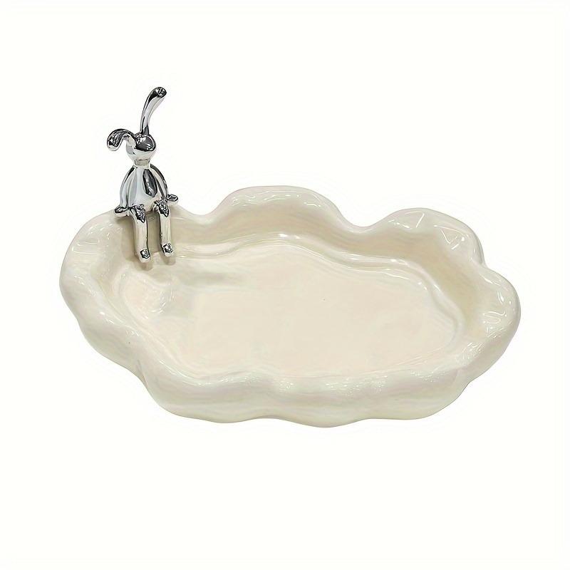 1PC Elegant Ceramic Tray with Rabbit and Cubic Zirconia Design - Multipurpose Decorative Storage Box,
