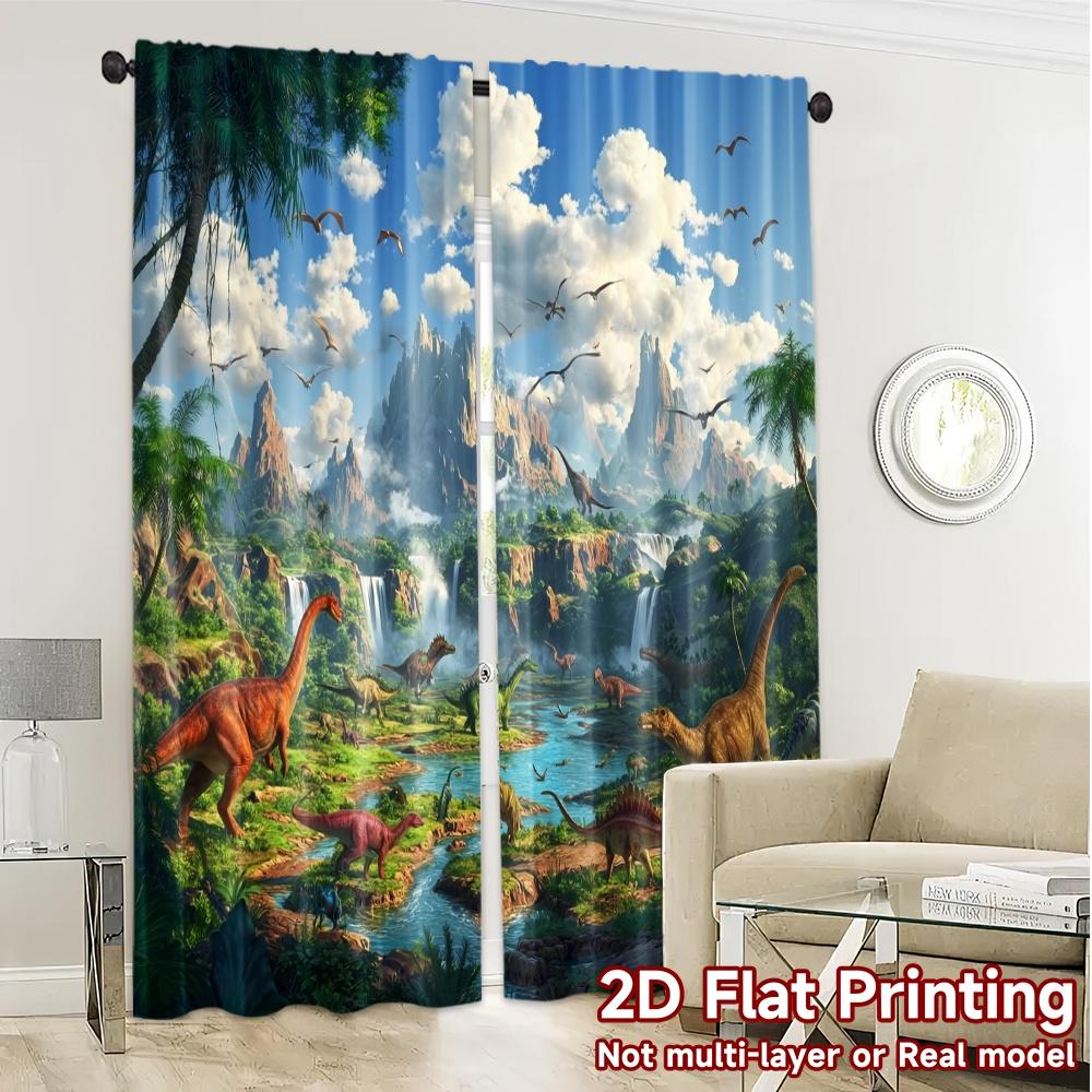2pcs, 2D FLAT PRINTING Curtains (Without Rod) Dinosaur Valley(2) Creative Chic Curtains Versatile Durable Polyester Curtains