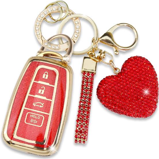 Key Fob Cover with Diamond Keychain for Toyota Car Key Shell Compatible with 2018-2024 Highlander RAV4 Camry Avalon C-HR Corolla GT86 Full Cover
