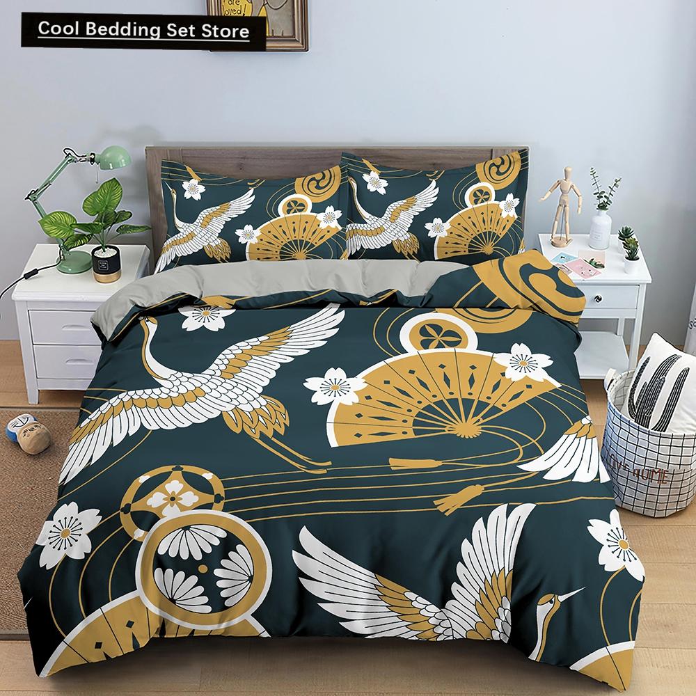 Kranich Gedrucktes Bettwäscheset 3D Rote Japanische Kirschblüten Bettbezug King Queen Größe Floral Wolke 2/3tlg. Polyester Steppdeckenbezug