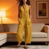 Summer Women's Cotton Linen Sleeveless Jumpsuit Button Up Stand Collar Loose One Piece Overalls Wide Leg Long Pants Rompers with Pockets