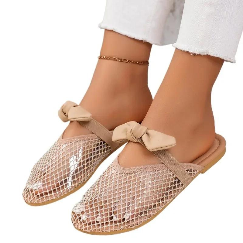 

Fashion Ladies Shoes on Sale 2025 Brand Women s Slippers Summer Closed Toe Solid Net Cloth Butterfly-knot Square Heels Casual Slippers 35 абрикосовый