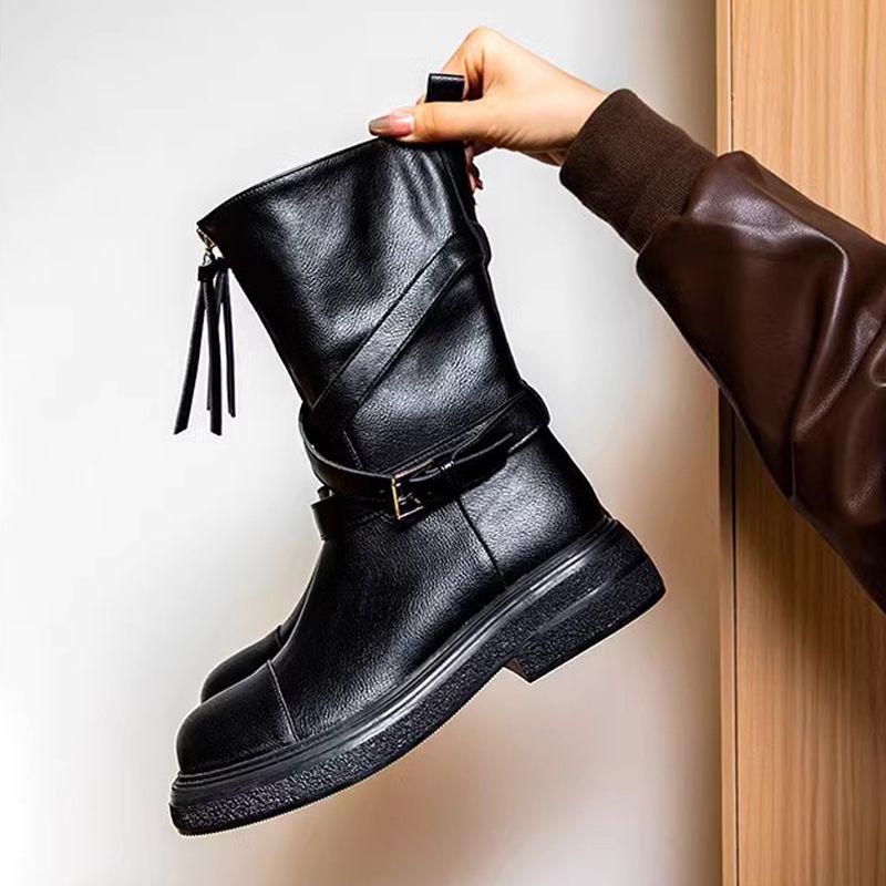 Fashion Autumn Winter Platform Warm Leather Round Toe Mid Calf Shoes Woman Y2k 2025 New Designer Luxury In Pu Half High Boots for Women