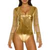 Womens Metallic Shiny Club Bodysuit Tiered Sequin Tassel Mesh Long Sleeve Dance Jumpsuit