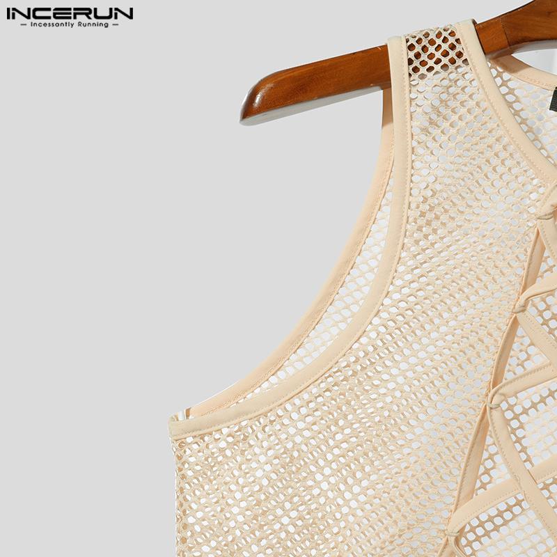 INCERUN Men Sleeveless Hollow Webbing See Through Cropped Tank Tops