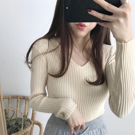 Women Tops V-neck Long Sleeve Slim Fit Pullover Sweater Solid Color Ribbed Bottom Sweater Elastic Knitwear