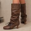 Women'S Autumn Winter Pleated Knee-High Boots Pointed Toe Stilettos Lace-Up High-Top Sexy Shoes For 34-50 Size Range