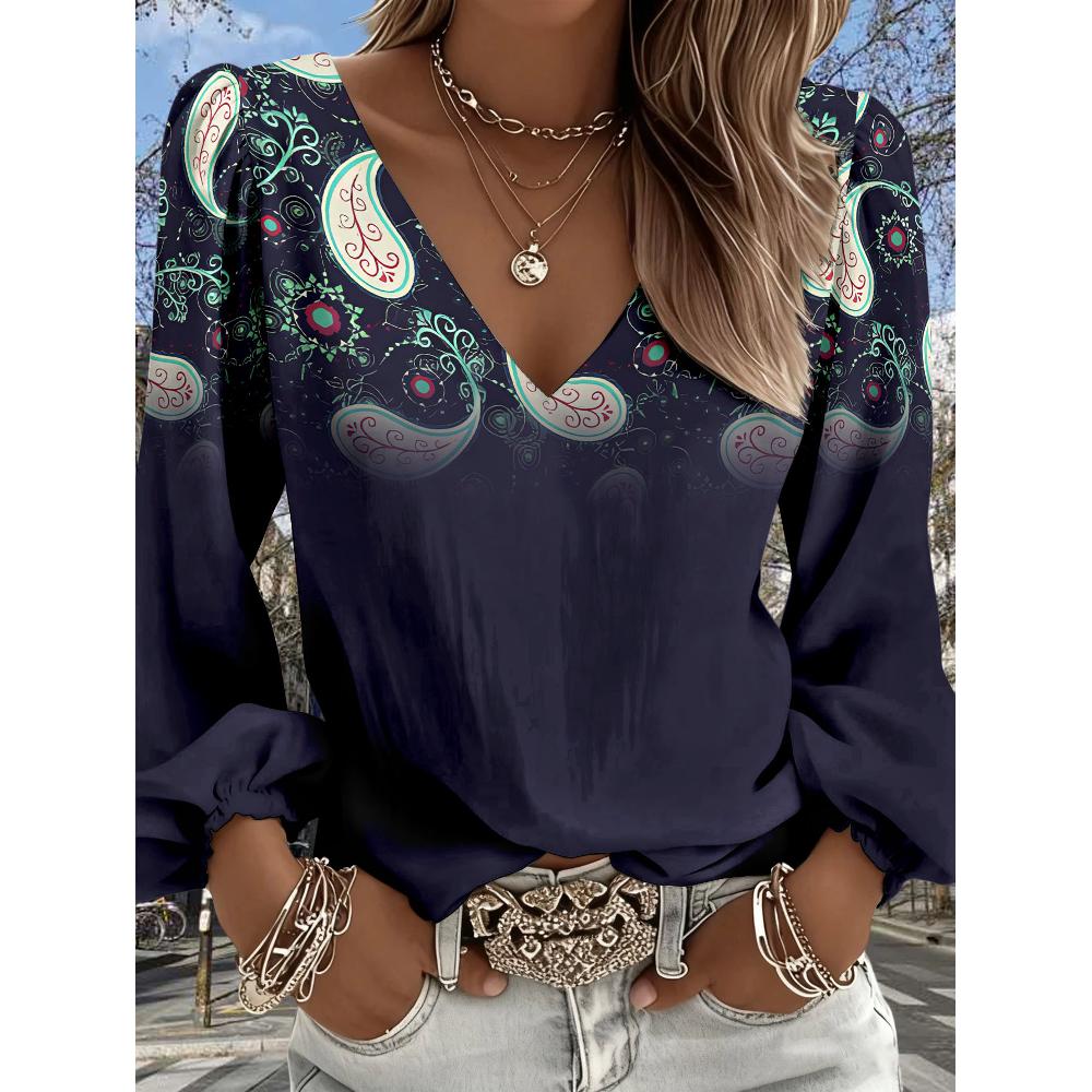 

Lady Bohemian Retro Western Style Shirt - V-neck long-sleeved frilly top, suitable for casual outfits and vacation wear S