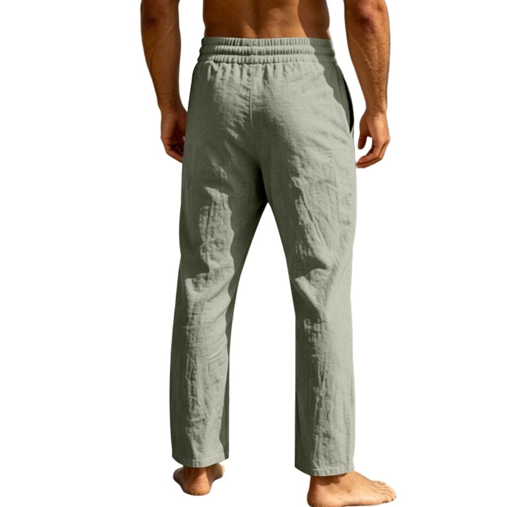 Men's Breathable Sweat Absorbent Solid Color Casual Wide Leg Linen Pants Elastic Waist Drawstring Lightweight Summer Trousers