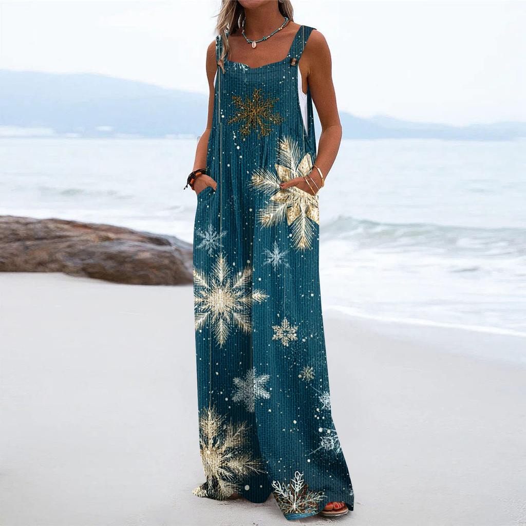 Women's Christmas Print Solid Wide Leg Strapless Tank Pocket Casual Onesie