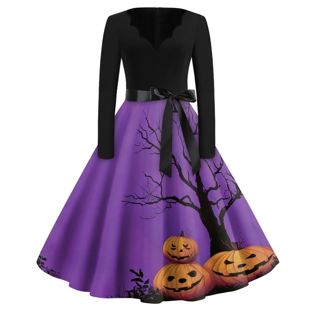 Women Casual Vintage V Neck Dress Halloween Printed Long Sleeve Fit Flare Midi Dress with Waist Tie for Seasonal Wear