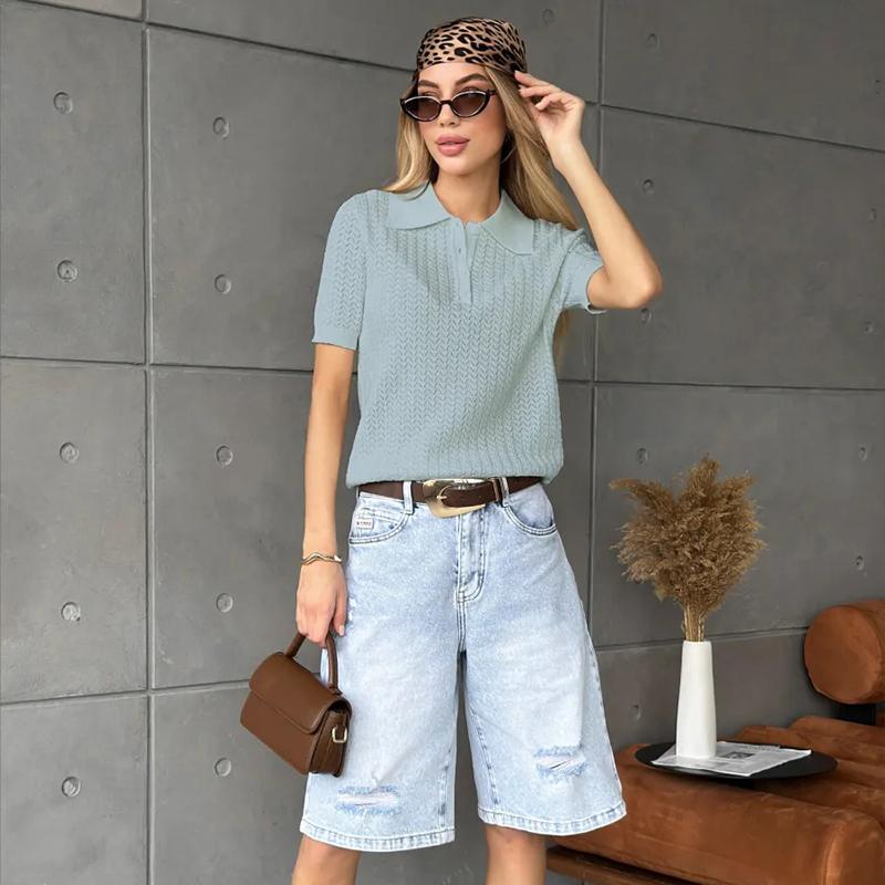 Knitted Sweater T shirt Women Tops 2026 Summer New Short Sleeve Polo Sweater Casual Loose Lapel Sweater Fashion Casual T shirt