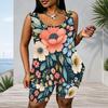 Women Plus Size Blue Black Abstract Printed Scoop Neck Sleeveless Tank Top Fitted Shorts Two Piece Set